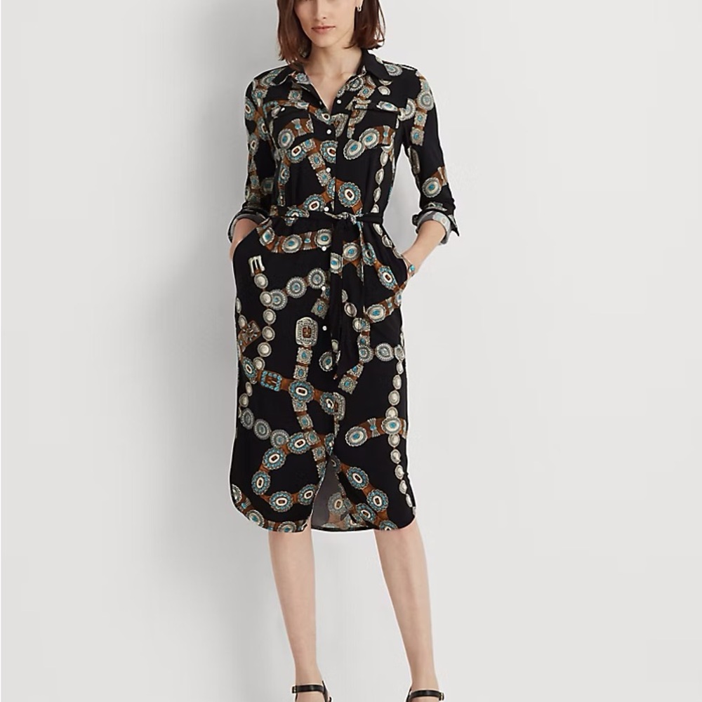 Ralph Lauren Belt-Print Jersey Shirtdress